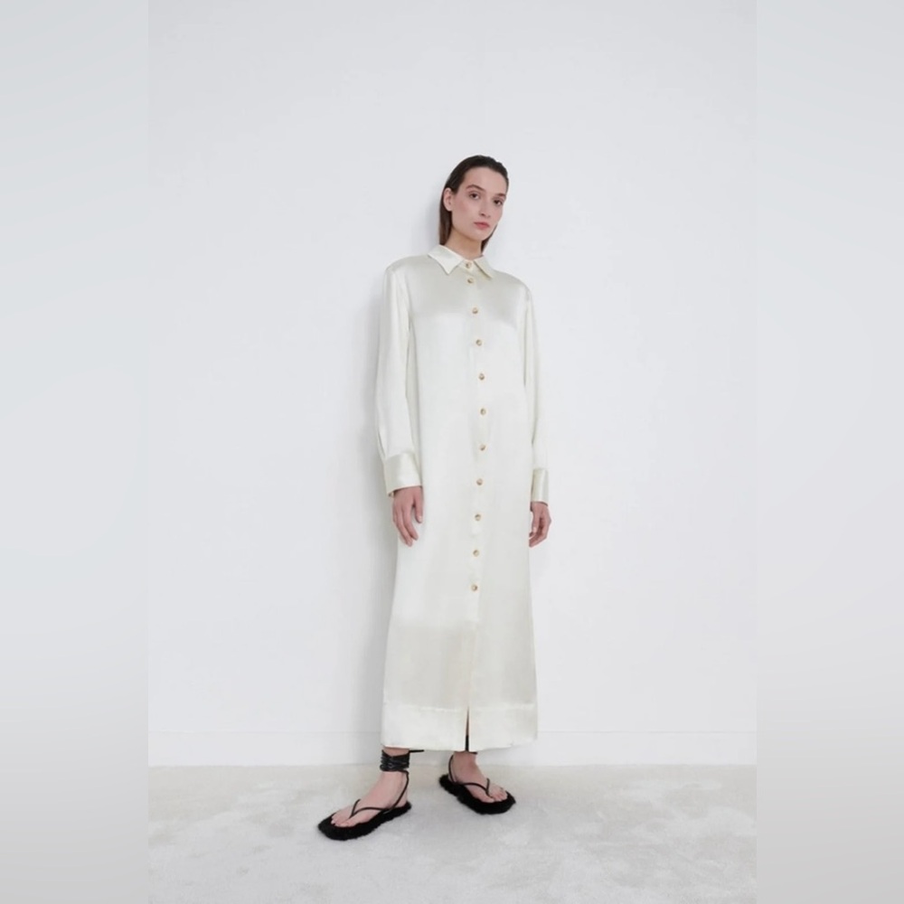 LouLou Studio Ara Satin Shirt Dress in Ivory Size XS NWT